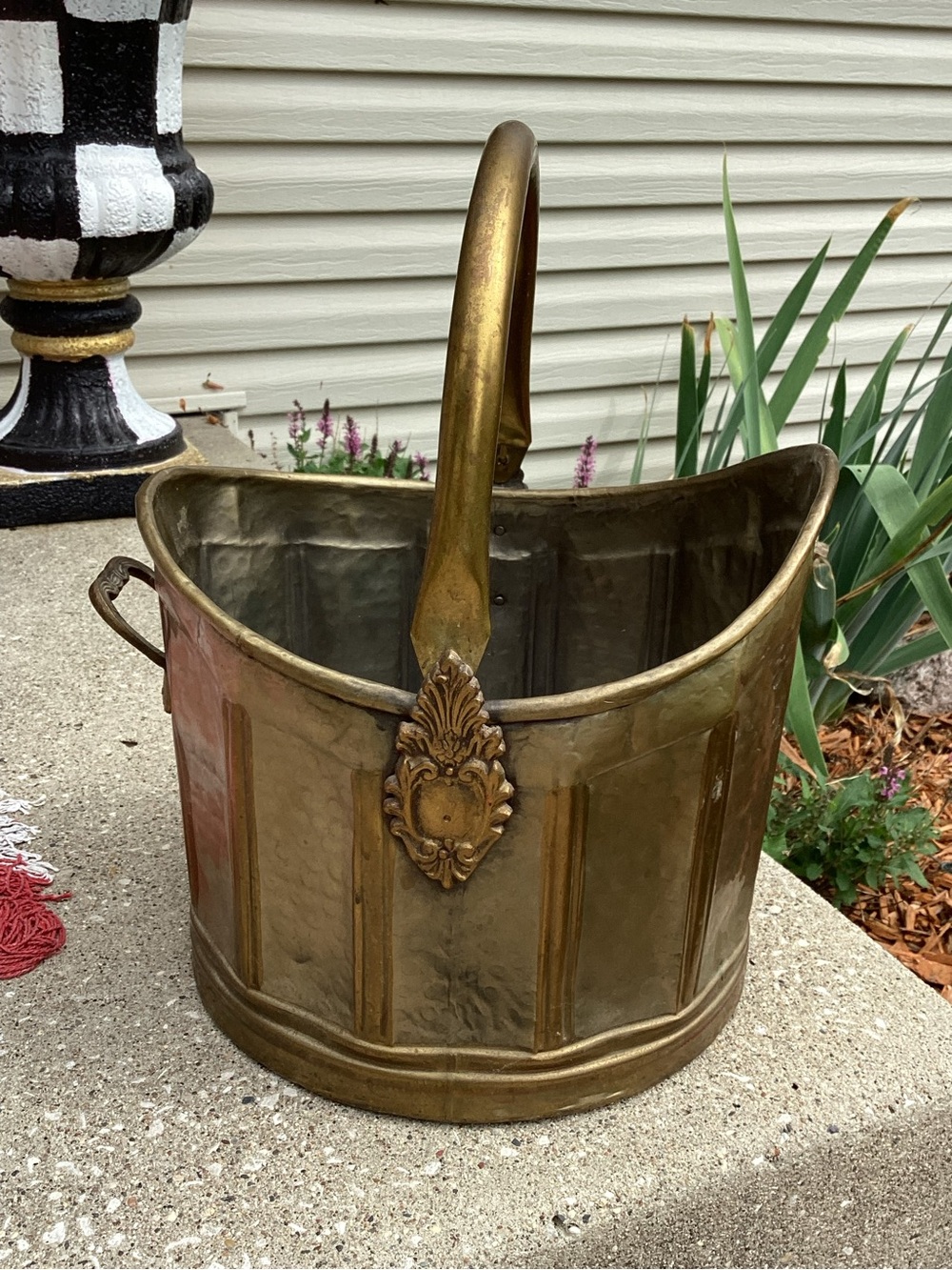 Hammered Brass Decorative Coal Hod with Ornate Medallion - Gold